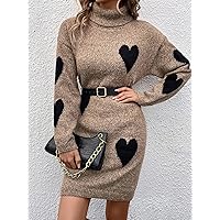 TLULY Sweater Dress for Women Heart Pattern Turtleneck Drop Shoulder Sweater Dress Without Belt Sweater Dress for Women (Color : Mocha Brown, Size : Small)