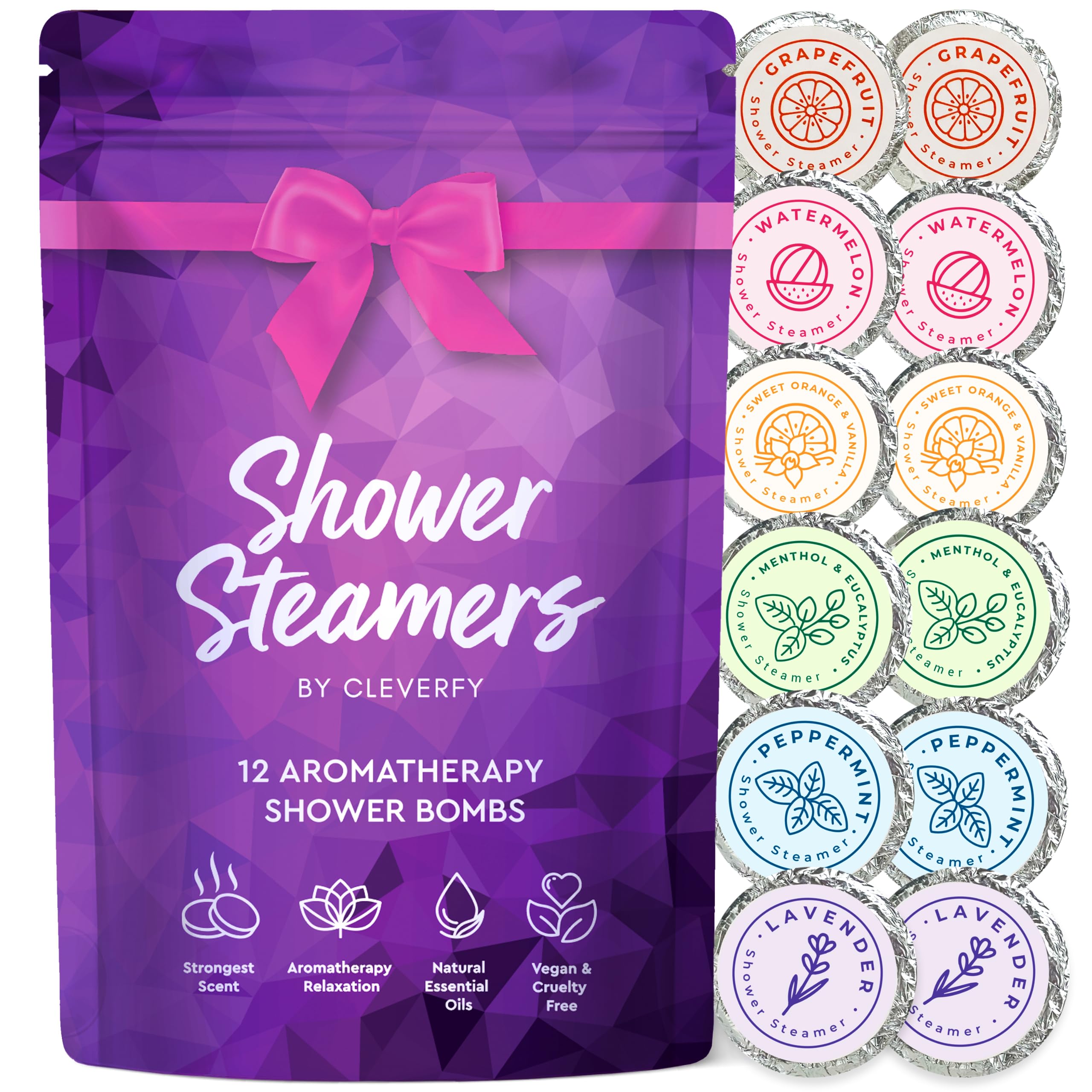Cleverfy Shower Steamers Aromatherapy - Pack of 12 Shower Bombs with Essential Oils. Self Care and Relaxation Birthday Gifts for Women and Men. Purple Set