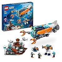 Lego City Deep-Sea Explorer Submarine 60379 Building Toy Set, Ocean Submarine Playset with Shipwreck Setting, 6 Minifigures and 3 Shark Figures for Imaginative Play, A Gift Idea for Ages 7+