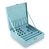 Two-Layer Lint Jewelry Box Organizer Display Storage Case with Lock, Blue
