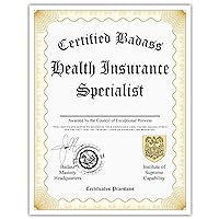 Certified Badass Health Insurance Specialist Diploma| Funny Personalized Career Gag Gift Idea Novelty Award Certificate