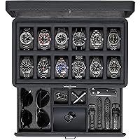 ROTHWELL Luxury Watch Box for 12 Watches - PU Leather Watch Box with Real Glass Lid - Extendable Accessory Drawer with Multiple Compartments (Carbon)