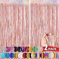 Rose Gold Metallic Tinsel Foil Fringe Curtains, 2 Pack 3.3x8.3 Feet Streamer Backdrop Curtains for Birthday Party Decorations, Halloween Decor, Foil Curtain Backdrop for Bachelorette Party