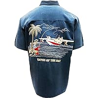 Bamboo Cay Mens Short Sleeve Catch of The Day Casual Embroidered Woven Shirt