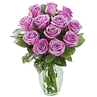 KaBloom PRIME NEXT DAY DELIVERY - 12 Fresh Purple Roses (Farm-Fresh, Long-Stem) with Vase .Gift for Birthday, Sympathy, Anniversary, Get Well, Thank You, Valentine, Mother’s Day Fresh Flowers
