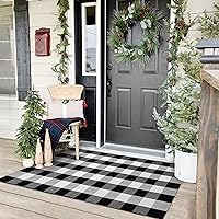KOZYFLY Buffalo Plaid Area Rugs 3x5 Ft Black and White Checkered Rug Washable Front Door Mat Hand Woven Cotton Outdoor Rug Large Rug for Front Porch Kitchen Entryway Patio Bathroom