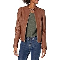 Cole Haan womens Racer With Quilted Panels Leather Jacket, Hickory, Large US