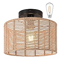 Boho Flush Mount Ceiling Light Drum Rustic Hand Woven Hemp Rope Semi Flush Mount Ceiling Light Rattan Light Fixtures for Hallway Bedroom Kitchen Entryway Farmhouse Foyer(Bulb Incl.)