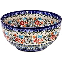 Polish Pottery Ceramika Boleslawiec Royal Blue Patterns with Red Cornflower and Blue Butterflies Motif, Bowl 23, 10-Cups,