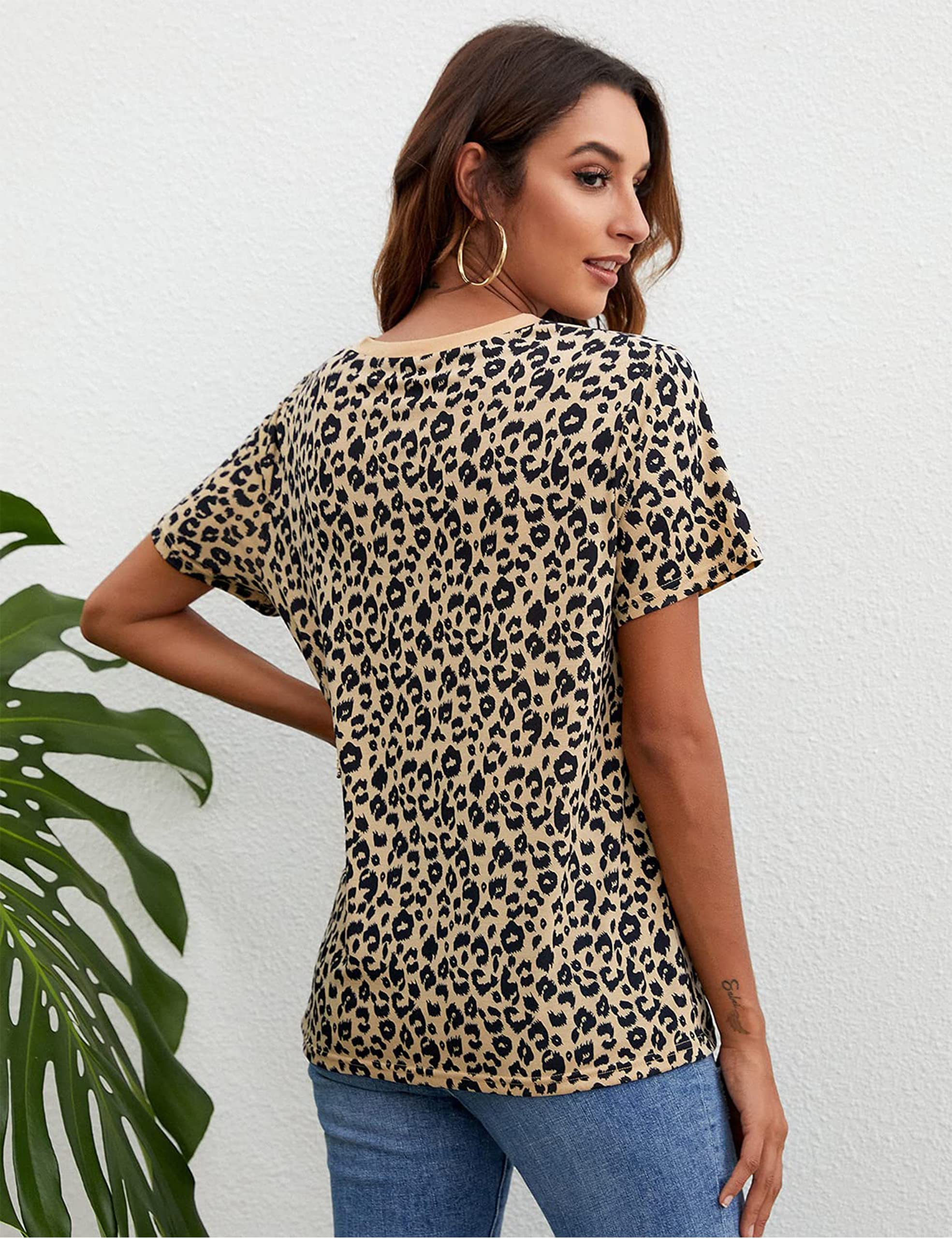 BMJL Women's Casual Cute Shirts Leopard Print Tops Basic Summer Short Sleeve Fashion Soft Blouse Loose Fit Tshirt