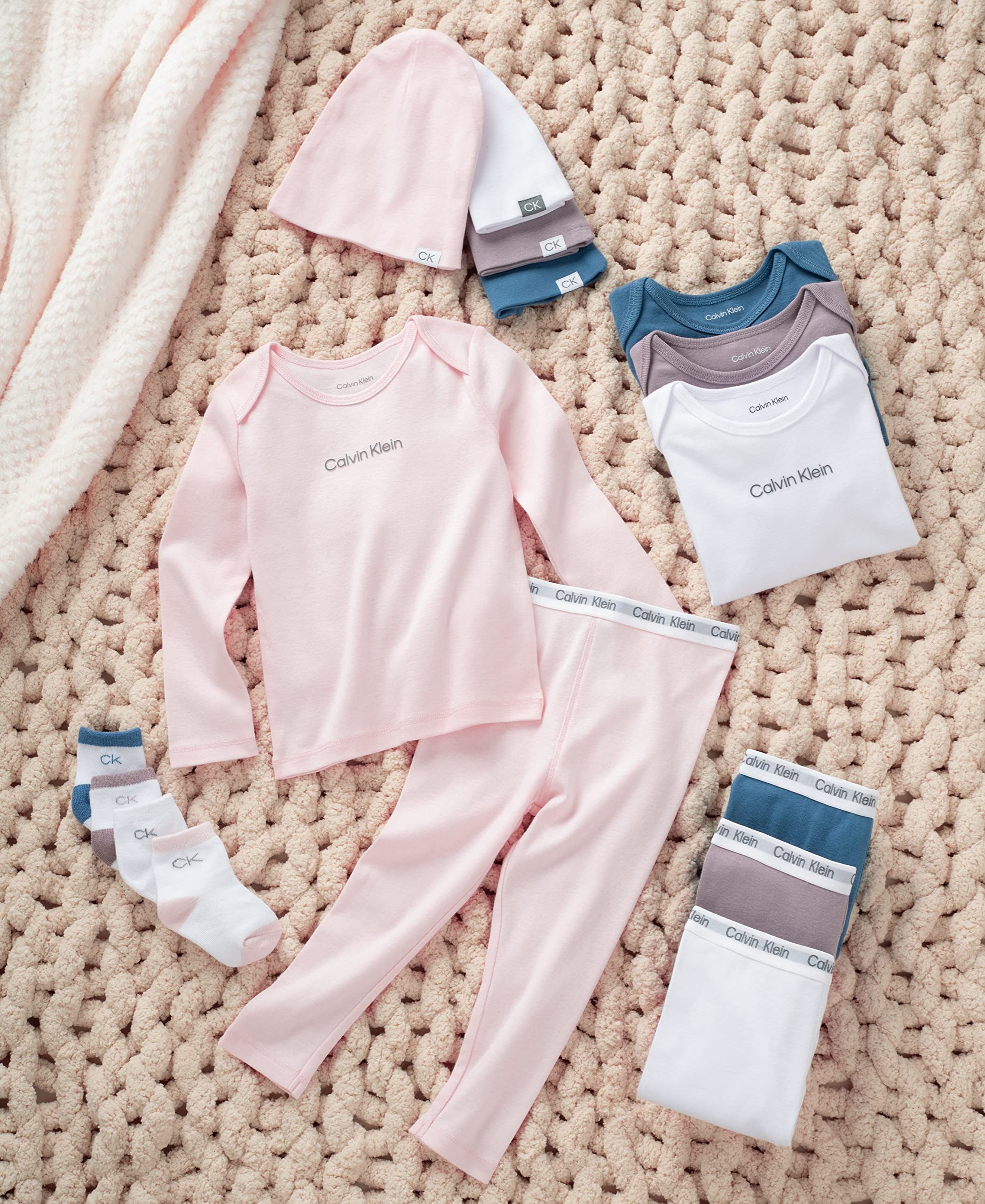 Calvin Klein Organic Baby Boys Essentials 4-Piece Set with Long Sleeve Tee & Pants, Ultra-Soft Beanie & Socks Included, Coronet Blue