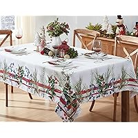 Home Bargains Plus Pine Berry Provence Christmas Fabric Tablecloth, French Country Holiday Pine Needles and Berries Stain Resistant Easy Care Tablecloth, 60 Inch x 120 Inch Oblong/Rectangle