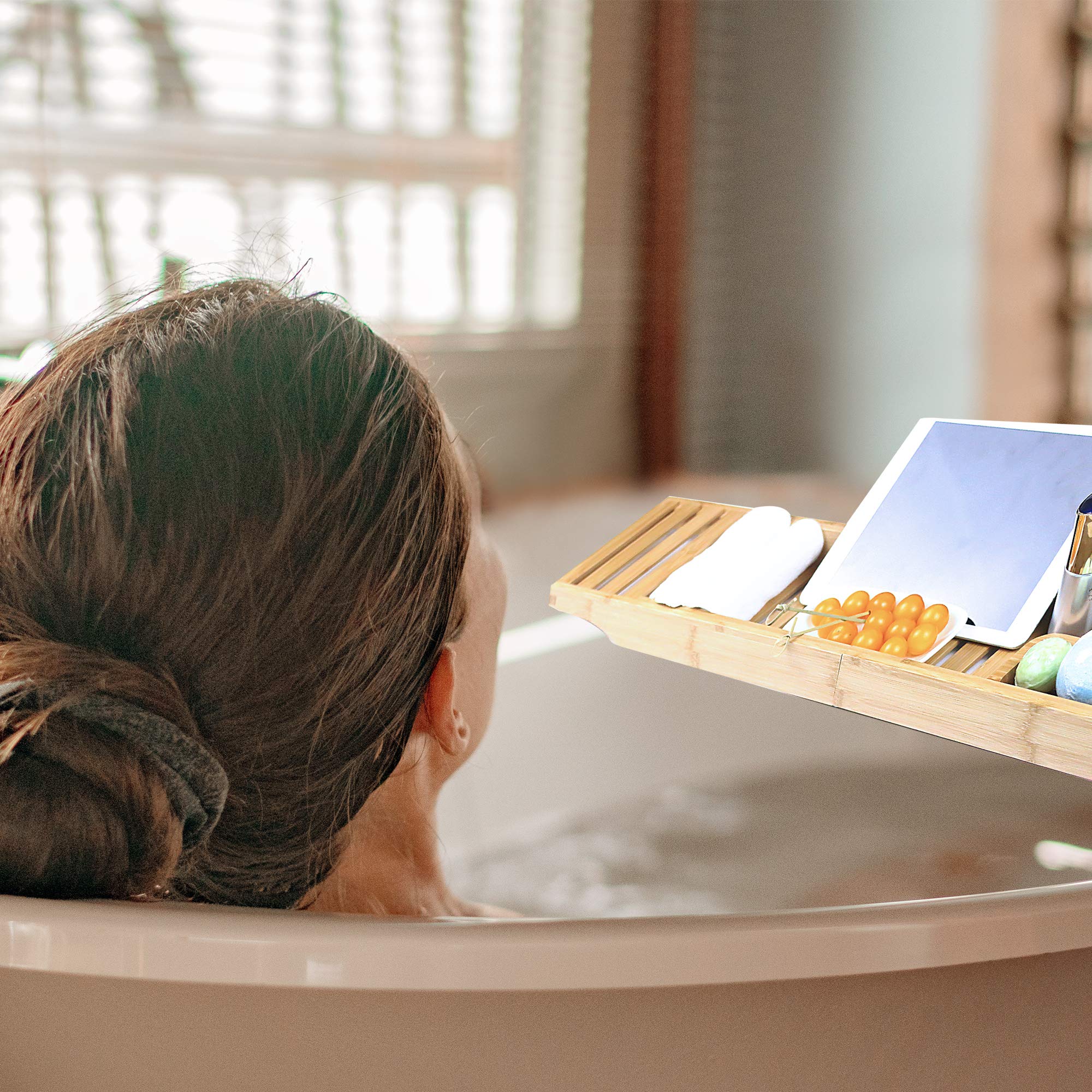 Cabot & Carlyle Luxury Bath Caddy Tray for Tub | Bath Table | Premium Bamboo Bathtub Tray for Tub | Fits All Bath Accessories Wine Glass, Books, Tablets, Cellphones, Shampoo | Bath Shelf Foldable.