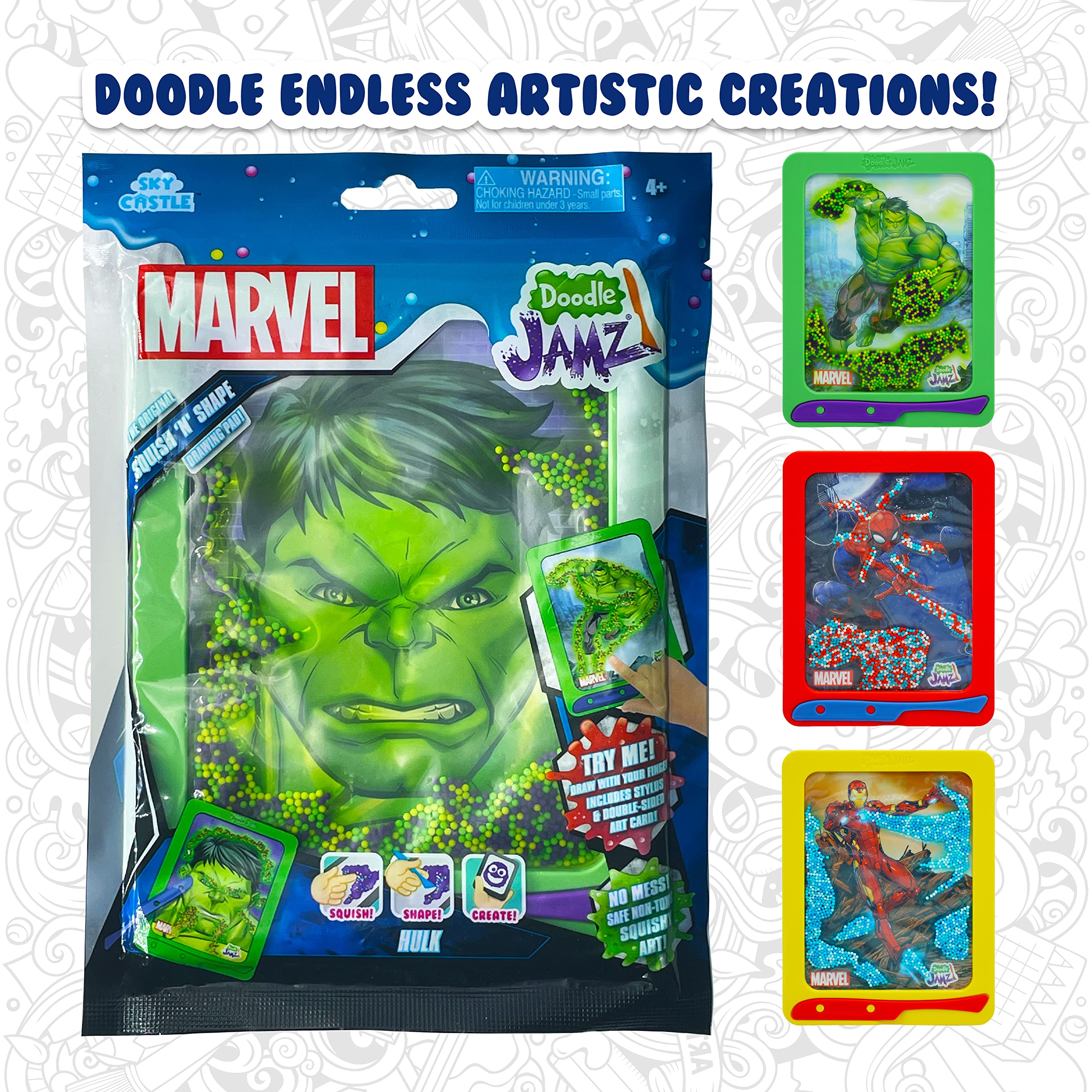 DoodleJamz Marvel JellyPics - Sensory Drawing Pads Filled with Non-Toxic Squishy Beads and Gel – Includes Stylus, Removable 2-Sided Emoji Backer Card (Hulk + Iron Man Bundle)