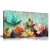 GUGIKA Flower Wall Art for Living Room, Colorful Floral Canvas Wall-Art for Bedroom, Watercolor Lotus Print Painting, Large Size 60x30 Inches