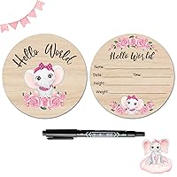 Baby Birth Announcement Sign with Maker Pen Hello World Newborn Sign Double-Sided Pink Elephant Baby Name Announcement Sign Personalized Wooden Birth Sign for Girls Baby Shower Keepsake Gifts
