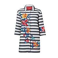 Striped Coat w Floral Embroidery, Front Button, Marine/Navy