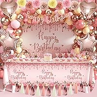 Rose Gold Birthday Party Decoration Pack Happy Birthday Pink Party Supplies for Girls Women (Banner Backdrop Tablecloth Fringe Curtains Balloons Garland Paper Tassels Garland Paper Pompoms)