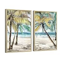 Abstract Palm Tree Paintings Framed: Tropical Seaside Coconut Tree Canvas Painting Golden Framed for Living Room (24''W x 36''H x 2 PCS, Multi-Sized)