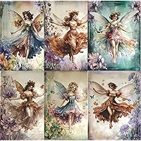 Vintage Fairies Mulberry Rice Paper, 8 x 10.5 inch - 6 Unique Printed Mulberry Paper Pages 30gsm Visible Fibres for Decoupage Crafts Mixed Media Collage Art