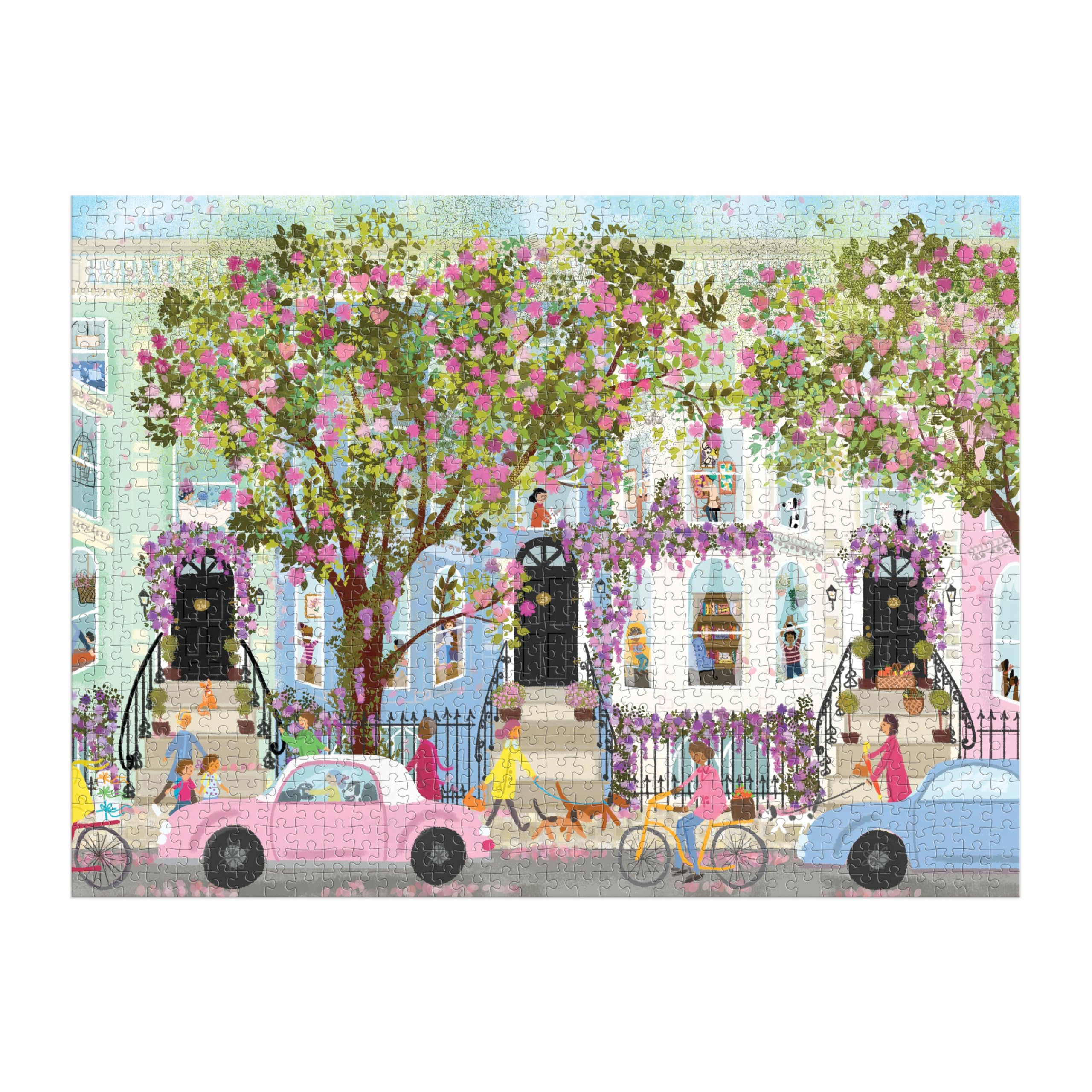 Galison Springtime Terrace – 1000 Piece Joy Laforme Puzzle Featuring a Magnolia Filled Neighborhood Day On A Spring Day