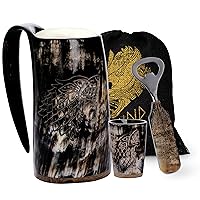Viking Drinking Horn Mug Set Authentic Unique Handmade Ox Horn Tankard Medieval Style Natural Beer Stein Norse Mug Gift for Men and Women Home Decor- 20 oz (Wolf Natural Finish)