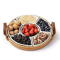 Rattan Divided Serving Tray, 6 Compartments Veggie Platter, Appetizer Serving Tray with Leather Handles, Wicker Divided Serving Plate, Divided Serving Dish for Fruit and Appetizer.