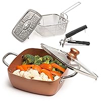 Moss & Stone 5 Pcs Copper Chef Cookware Set, 9.5” Non Stick Deep Frying Pan, Fry Basket, Steamer Rack, Dishwasher & Oven Safe, 5 Quart Deep Square Pan, Induction Copper Cookware Set