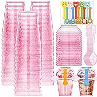 100 Pack 5oz Glitter Plastic Dessert Cups with Lids Spoons Set Glitter Square Dessert Shooters Cups Disposable Appetizer Cups Parfait Cups with 100 Stickers for Tasting Sample (Pink)