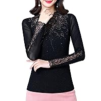 Women's Elegant Lace Mesh Tops Long Sleeve Casual Rhinestone Embroidered Blouses Work Shirts