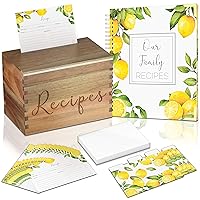 Recipe Box With Cards And Dividers - 4x6 Lemon Themed Recipe Cards, Covers, Dividers & Blank Book To Write In - Large Wooden Recipe Card Holder Set For Mom, Bridal Shower, Wedding and Christmas