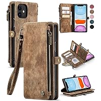 Defencase for iPhone 11 Case, for iPhone 11 Wallet Case for Women Men, Durable PU Leather Magnetic Flip Strap Wristlet Zipper Card Holder Wallet Phone Cases for iPhone 11 6.1-inch, Brown