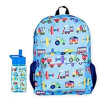 Wildkin 16 Inch Backpack Bundle with 16 Ounce Reusable Water Bottle (Trains, Planes & Trucks)