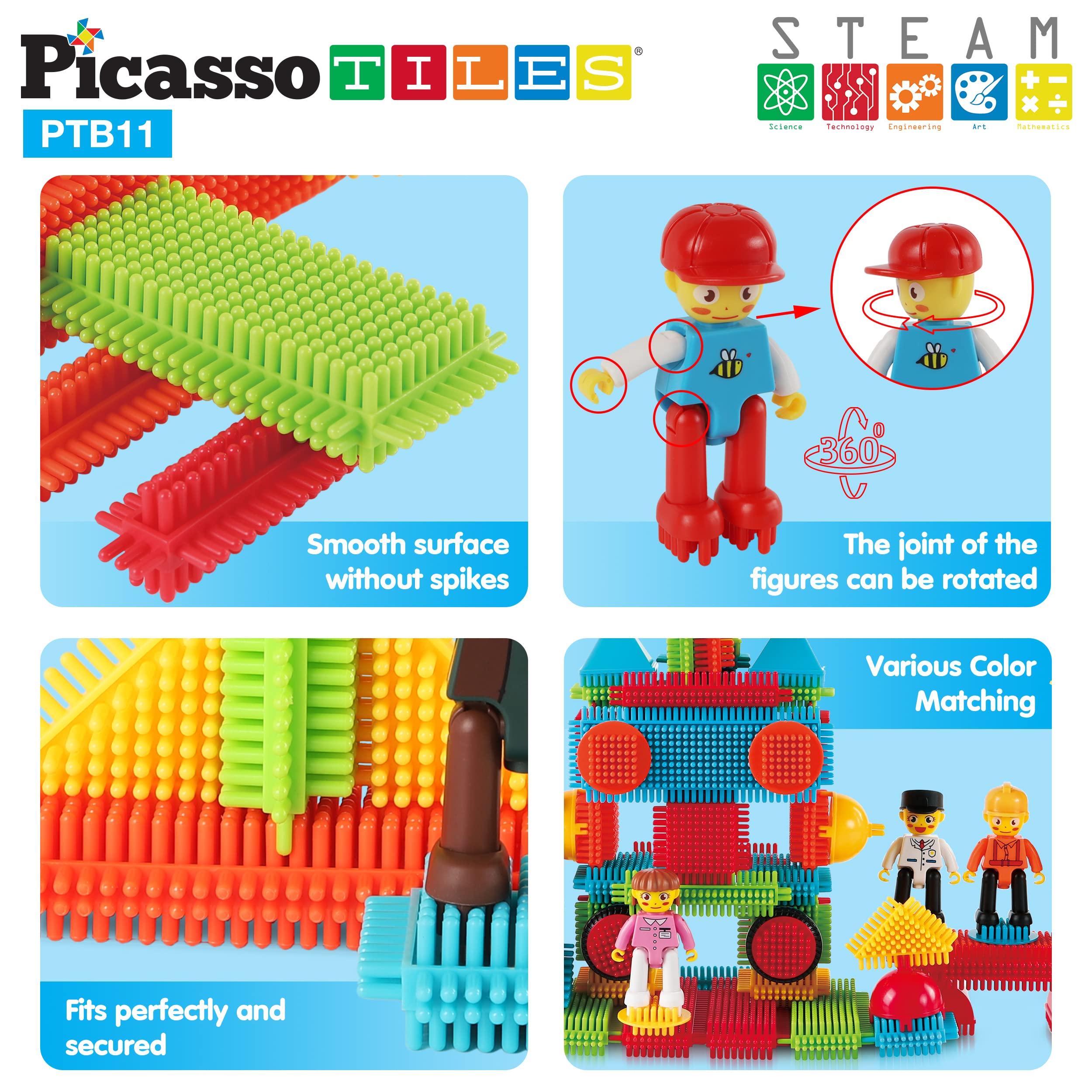 PicassoTiles 120PC Bristle Shape 3D Building Blocks + 4 Family People Action Figures Expansion Set: STEAM Learning & Educational Playset for Preschool and Kindergarten Kids, Pretend Play Toy for Kids