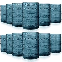 Yinder Hobnail Drinking Glasses 13 oz Wedding Party Supplies Vintage Embossed Glassware Old Fashioned Beaded Graduation Gift Cups for Beverage, Water, Wine, Beer, Juice, Mixed Drinkware(Blue, 12 Set)