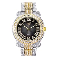 Men's 45mm Iced Out Metal Band 18K Gold Tone and Silver Simulated Lab Diamonds Bling-ed Out Bezel and Adjustable Watch Strap Quartz Movement (Dials and