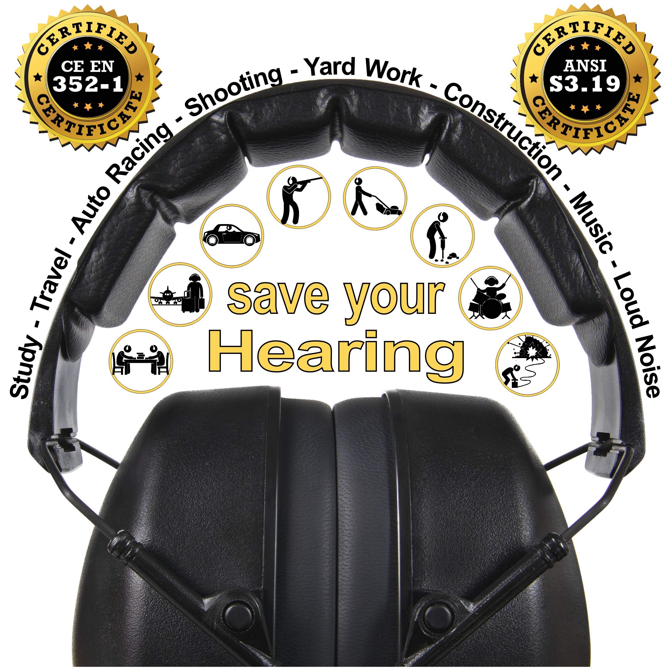 ClearArmor 141001 Shooters Hearing Protection Safety Ear Muffs Folding-Padded Head Band Ear Cups, Black