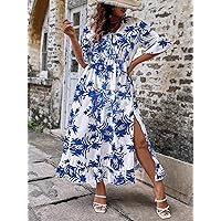 Plus Women's Dress Plus Floral Print Flounce Sleeve Ruffle Hem Dress (Color : Blue and White, Size : 3X-Large)