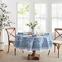 Elrene Home Fashions Vietri Medallion Blue Coastal Block Print Stain & Water Resistant Indoor/Outdoor Fabric Round Tablecloth, 70