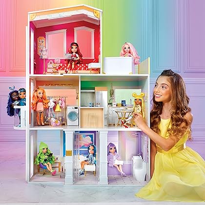 Rainbow High House – 3-Story Wood Doll House (4-Ft Tall & 3-Ft Wide), Fully Furnished Fashion Dollhouse, Working Hot Tub, Shower, Elevator, 50+ Accessories, Gift Toy for Kids Ages 6 7 8+ to 12 Years
