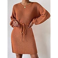 TLULY Sweater Dress for Women Drawstring Waist Lantern Sleeve Sweater Dress Sweater Dress for Women (Color : Rust Brown, Size : Large)