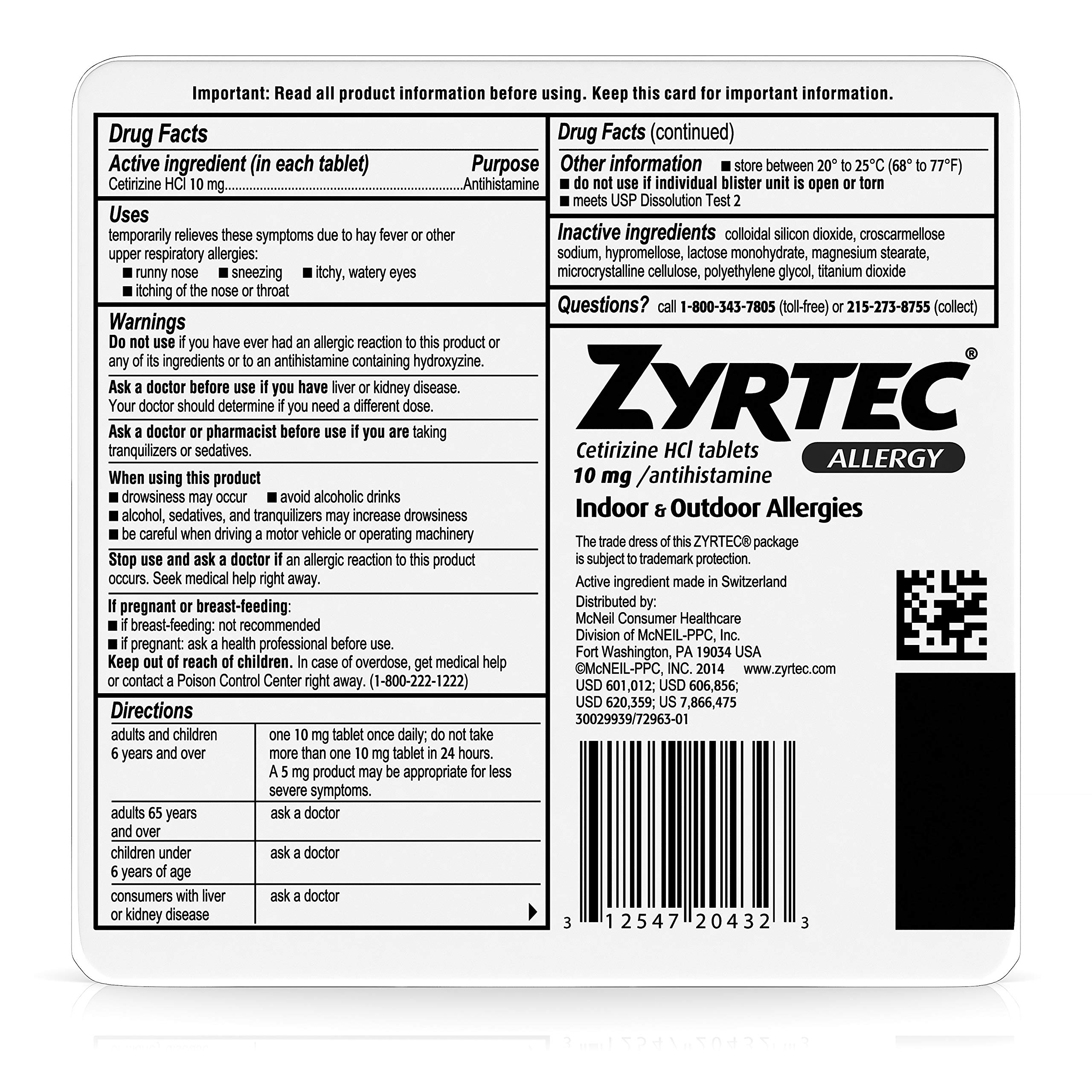 Zyrtec 24 Hour Allergy Relief Tablets, Antihistamine Allergy Medicine with 10 mg Cetirizine HCl, 14 ct (Pack of 2)
