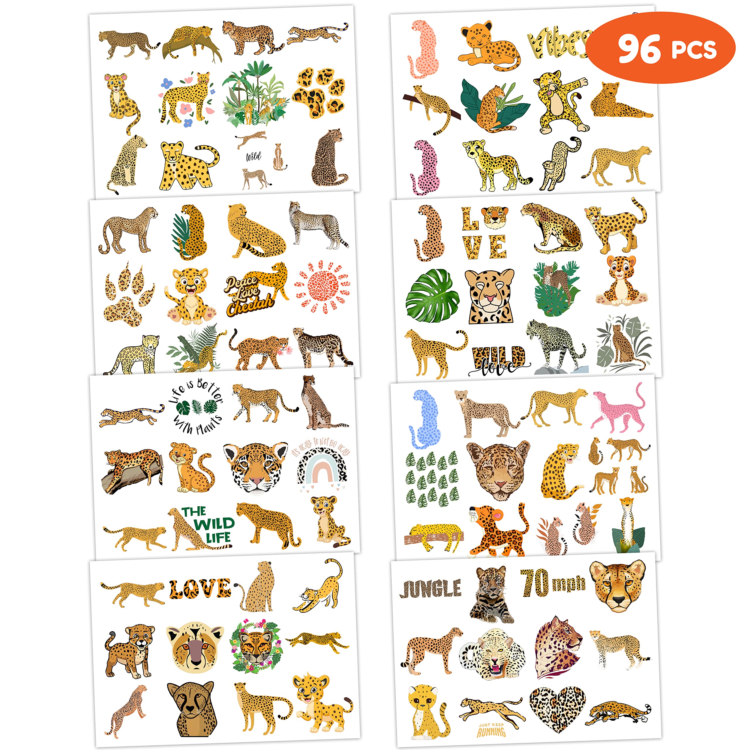 8 Sheets (96PCS) Cheetah Tattoos Temporary Jungle Theme Birthday Party Supplies Favors Decorations Tattoo Stickers For Boys Girls Gifts Classroom School Prizes Rewards