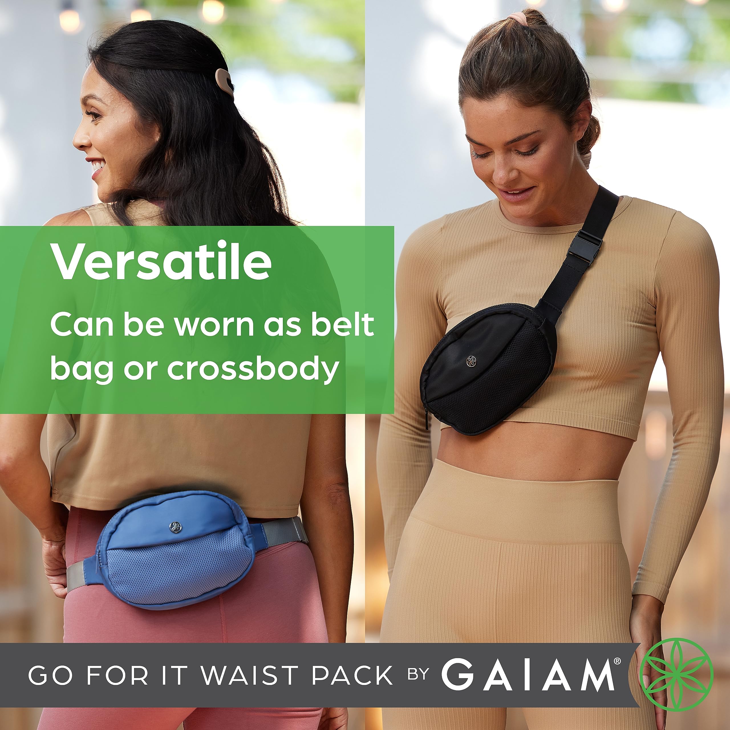 Gaiam Go for It Waist Pack, Adjustable Fanny Pack Crossbody Bags for Women & Men - Waterproof Cross Body Bag with Zippered Pockets, Running Belt Bag, Ideal for Vacation & Travel