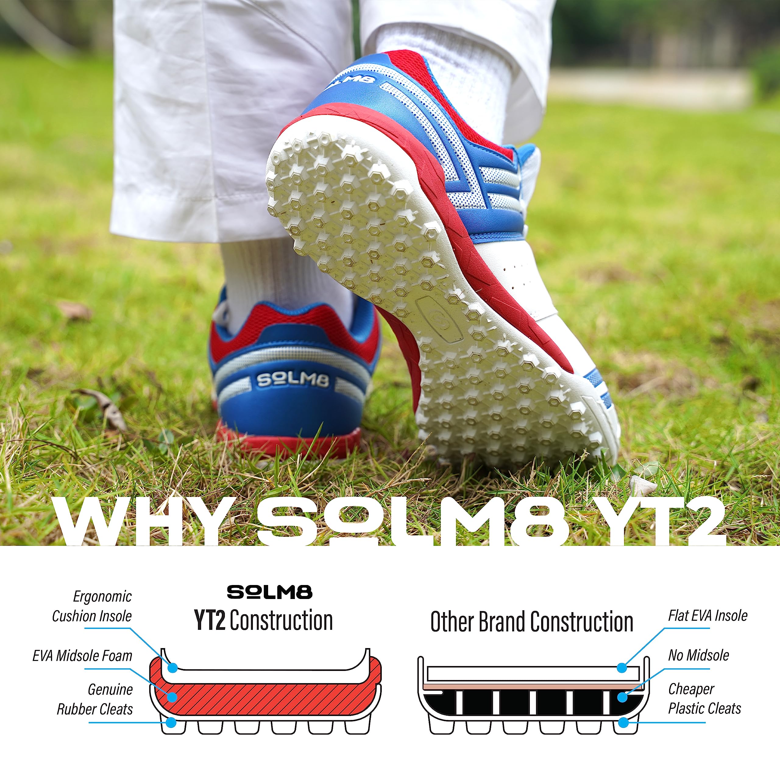 SOLM8 YT2 Kid Size Cricket Shoes for Boys Girls for Turf and Field Sports- 2023 Edition Rubber Cleats