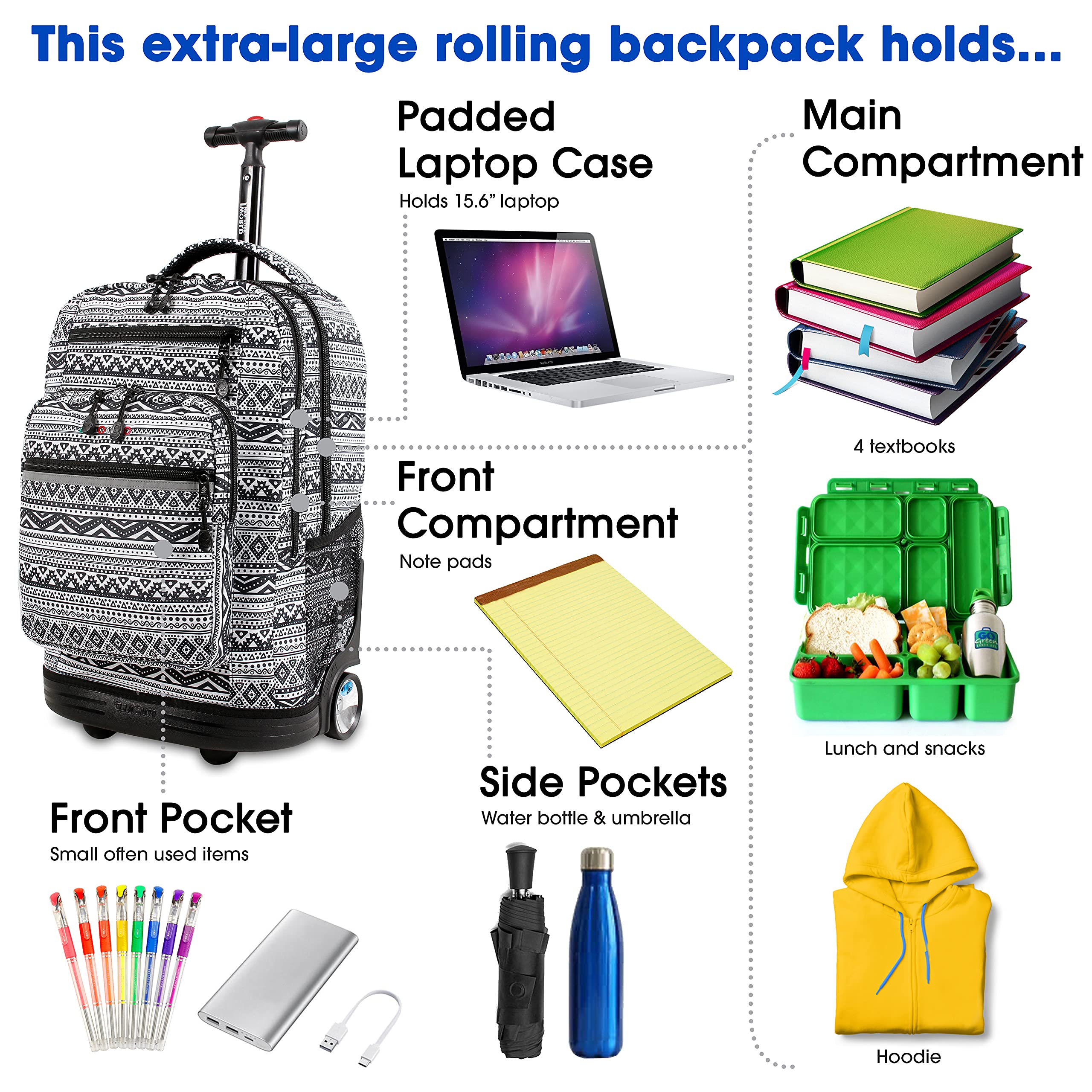 J World New York Sundance Rolling Backpack Girl Boy Roller Bookbag, Tribal, One Size