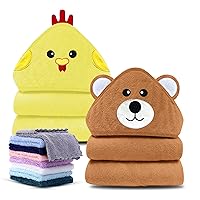 Cute Castle 2 Pack Hooded Baby Towel Rayon Made from Bamboo with 8 Washcloths - Soft Bath Towel for Bathtub for Babie, Newborn, Infant, Natural Baby Stuff Towel (Bear and Chicken)