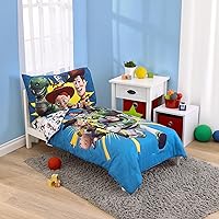 Disney Toy Story Taking Action Blue, Green and Yellow 4 Piece Toddler Bed Set - Comforter, Fitted Bottom Sheet, Flat Top Sheet, and Reversible Pillowcase
