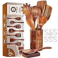 9 Pcs Wooden Spoons for Cooking Utensils, Natural Teak Wooden Cooking Spoons with Nonstick Spatula Set, Bamboo Kitchen Utensils With Holder, Wood Spoon Set for Kitchen Essentials