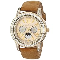 Peugeot Women Crystal Bezel Dress Watch, Day Date Moon Phase Function & Mother of Peal Dial with Roman Numeral, Suede Strap